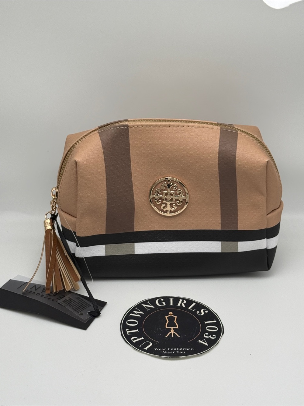 New London Fog Cosmetic Makeup Bag Tan Brown Black Striped Travel Pouch NWT